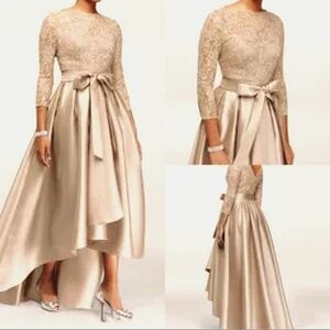 Nwt Lan Ting Bridal Gold Sequined 3/4 Sleeve Lace w/Satin High Low Skirt…